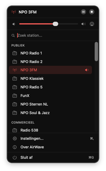 AirWave menubalk dropdown met radiostations